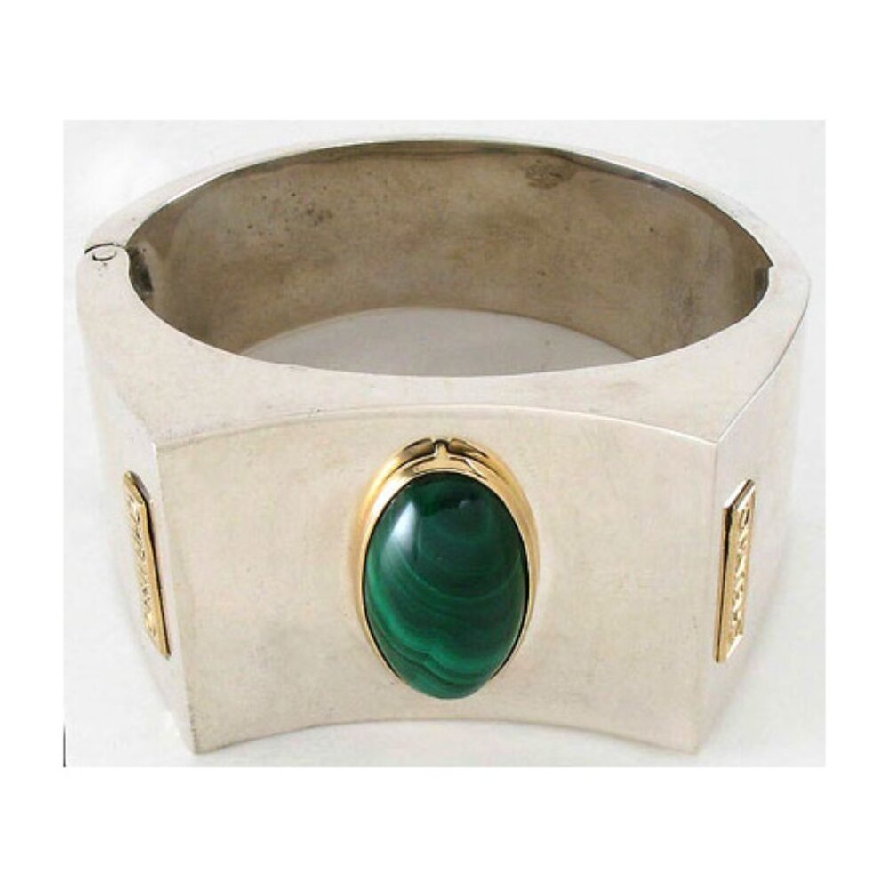 ELEGANT One of its kind Coin Silver (900) & 18K Gold Malachite Cuff Bracelet WOW